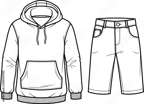 Outline fashion sketch hoodie shorts vector design template