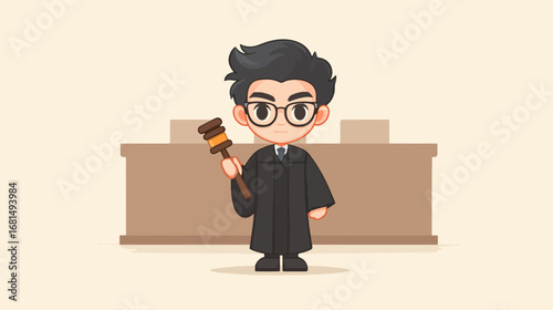 Cartoon judge holding gavel in courtroom