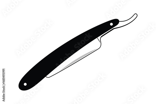 Classic straight razor close up showing sharp blade and black handle for barbering and shaving
