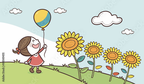 A little girl holding a colorful balloon in a sunflower field, sunny day, cheerful and heartwarming photography."