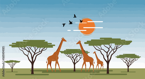 African Savanna Vector Illustration with Giraffes, Trees, Birds, and Orange Sun