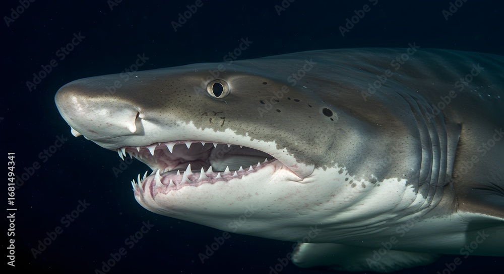 Naklejka premium Close-up Portrait of a Tiger Shark with Open Mouth and Sharp Teeth Underwater