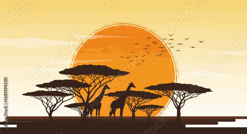 African Savanna Vector Illustration with Giraffes, Trees, Birds, and Orange Sun