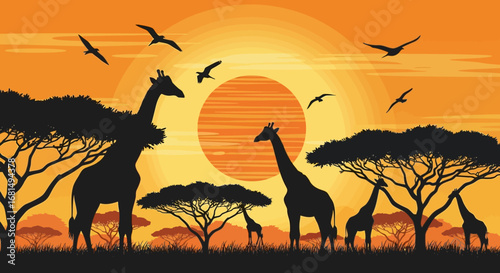 African Savanna Vector Illustration with Giraffes, Trees, Birds, and Orange Sun