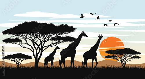 African Savanna Vector Illustration with Giraffes, Trees, Birds, and Orange Sun