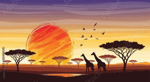 African Savanna Vector Illustration with Giraffes, Trees, Birds, and Orange Sun