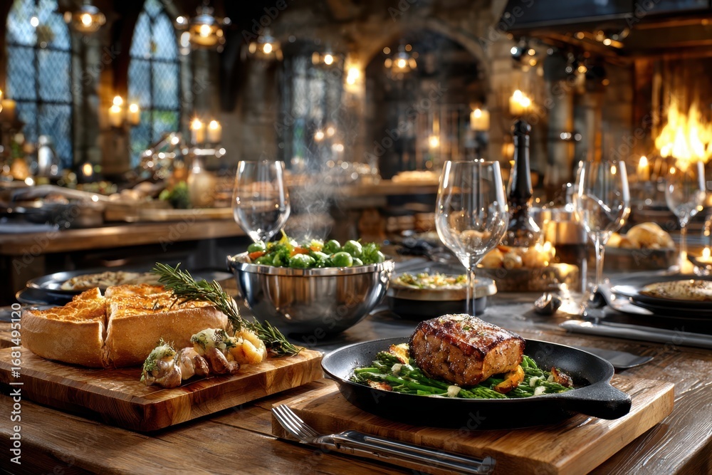 Fototapeta premium Medieval feast with roasted meat and vegetables