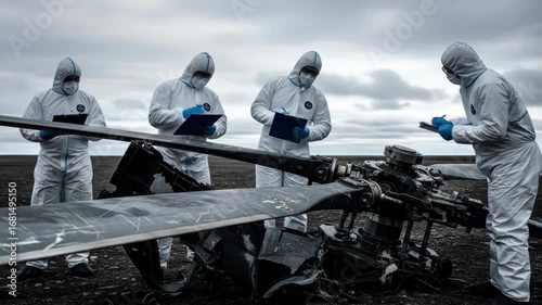 Four people in protective suits investigate a helicopter crash, taking notes on the scene amidst a desolate landscape, focusing on investigation, safety, and accident details.