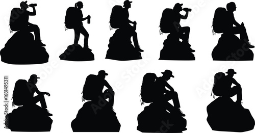 Silhouette collection of hikers with backpacks sitting on rocks, drinking water, exploring nature, adventure trekking vector illustration for outdoor design