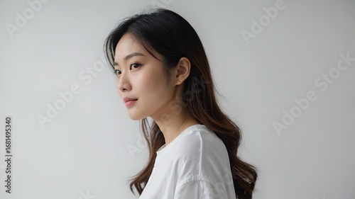 Pretty Asian woman in plain white background, side view and wears casual outfit