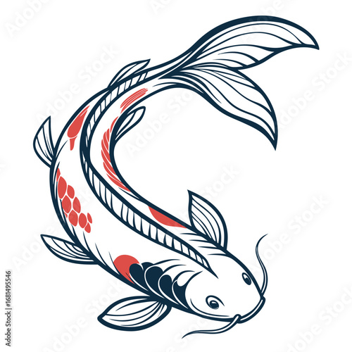 Vector art of stylized illustration of a japanese koi fish with red and black markings,suitable for decorative or cultural themes, isolated on white background