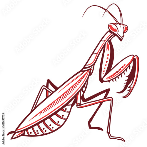 Vector art of stylized illustration of a praying mantis in red and dark red outline, isolated on a, showcasing its predatory stance and intricate details