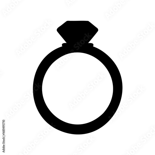 Black silhouette drawing of an engagement ring with diamond on white background
