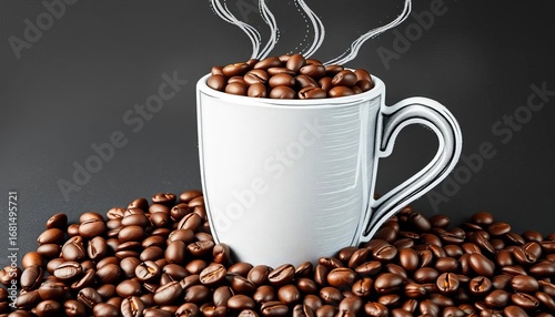 Chalk-drawn coffee cup overflowing with real coffee beans,  brown,  aroma
