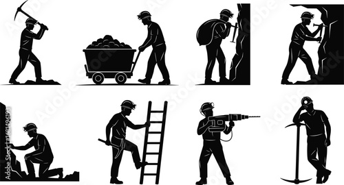 Silhouette vector illustration of coal miners working underground with pickaxe, drill, ladder, and mining cart for industry and labor design