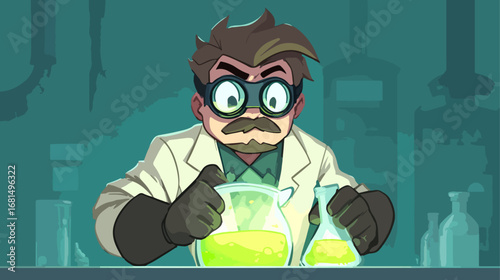 Cartoon scientist mixing chemicals in lab
