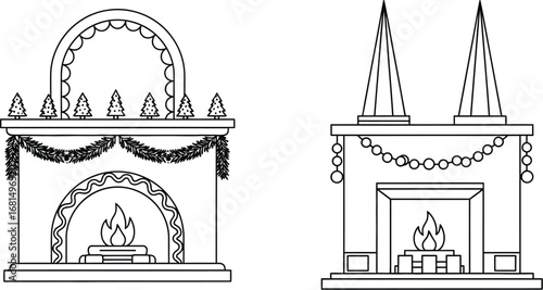 Christmas fireplace coloring page vector outline illustration