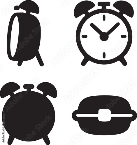 alarm clock silhouette icons set side, front, back, and top views vector art illustration
