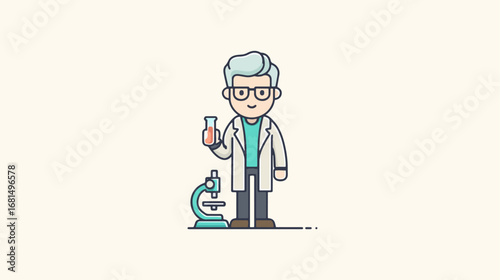 Cartoon scientist with test tube and microscope