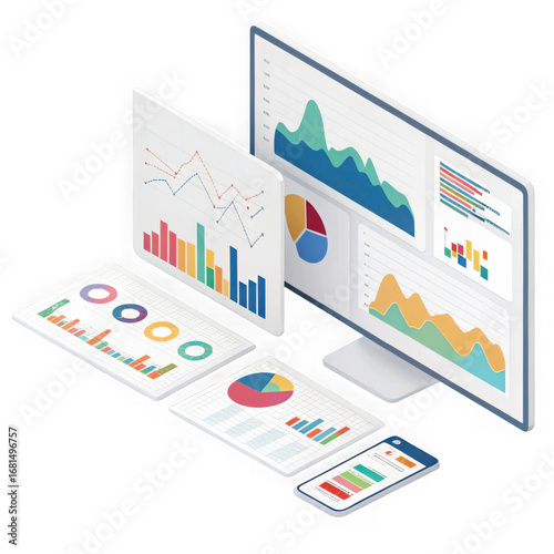 Isometric view of a computer monitor tablet and phone displaying financial charts and data analysis isolated on transparent background