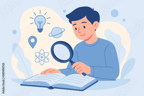 Young boy exploring science with magnifying glass and open book in vector art