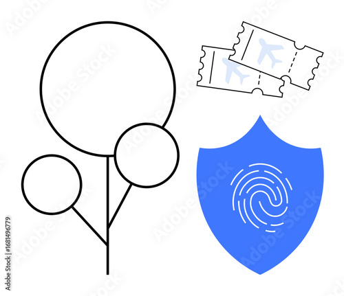 Flight tickets, blue shield with fingerprint, abstract tree with connected circles. Ideal for travel planning, security, biometrics, environment, aviation, data protection simple flat metaphor