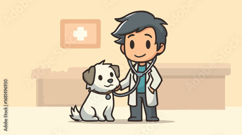 Cartoon veterinarian examining a dog in a clinic
