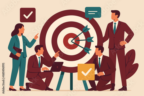 Teamwork target strategy with arrows and professionals in business attire
