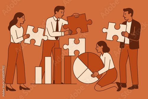 Collaborative teamwork in business: people solving puzzles and analyzing data charts with team members