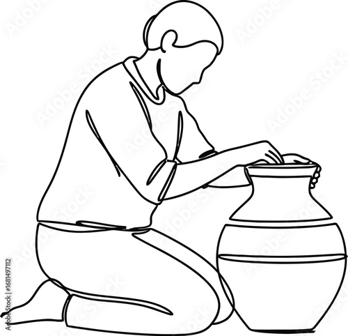 Continuous line drawing of potter making clay pot artwork design