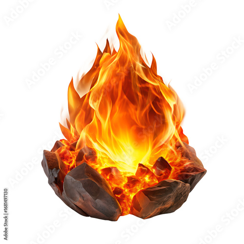 A vibrant and dynamic depiction of a fiery inferno erupting from a base of glowing embers and dark, rugged rocks, isolated on transparent background