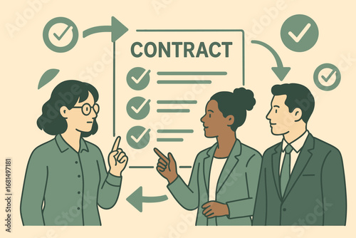 Business contract discussion with diverse team in minimalist style