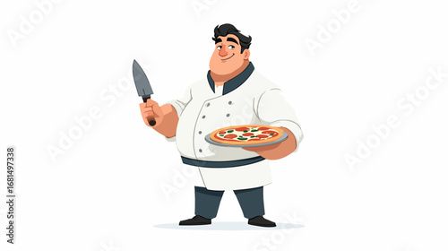 Chef holding pizza and knife illustration