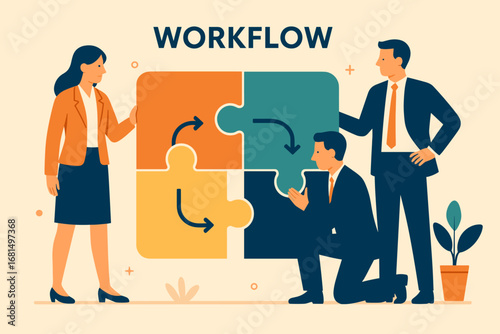 Business team developing workflow with colorful puzzle pieces and collaboration concept