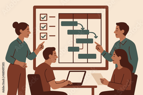 Team collaboration on gantt chart project planning with checklist and diagrams
