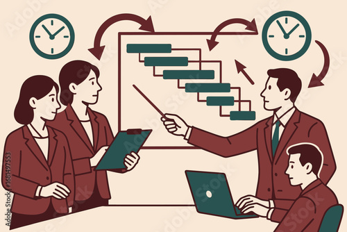 Business meeting with gantt chart and clock icons for project planning