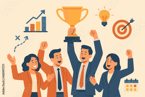 Team celebrating success with trophy and business icons in flat style