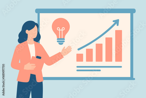Businesswoman presenting growth chart with rising arrow and ideas