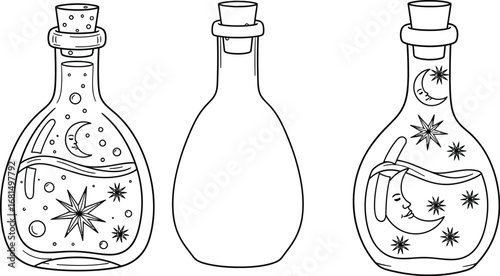 Three witch potions with moon and stars line art illustration