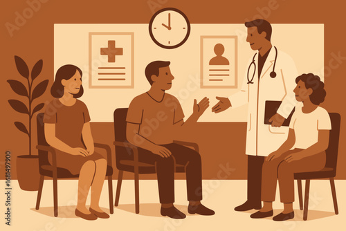 Medical consultation in waiting room with doctor and patients in flat design