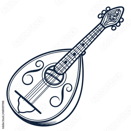 Vector art of a simple, elegant line drawing of a mandolin, a stringed musical instrument, isolated on white background