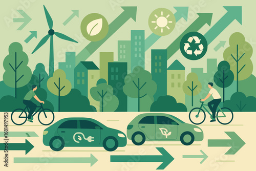 Eco-friendly urban transportation scene with bicycles and electric cars