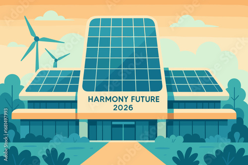 Futuristic eco-friendly building with solar panels and wind turbines design