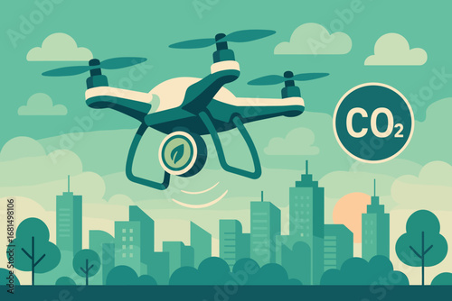 Eco-friendly drone monitoring co2 emissions over urban landscape