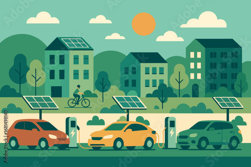 Electric cars charging at solar-powered stations in eco-friendly urban setting