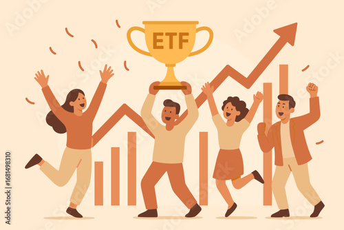 Happy team celebrating etf success with trophy and rising graph