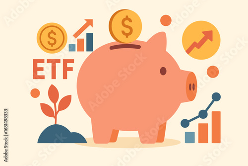 Piggy bank and etf growth chart in flat design for investment concepts