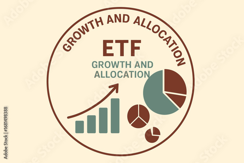 Financial growth chart with etf allocation pie and bar graphs