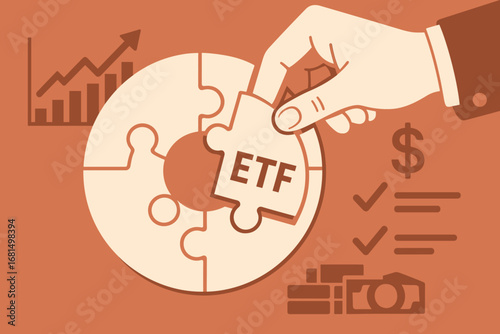 Investing in etf concept with puzzle piece and financial symbols in flat design