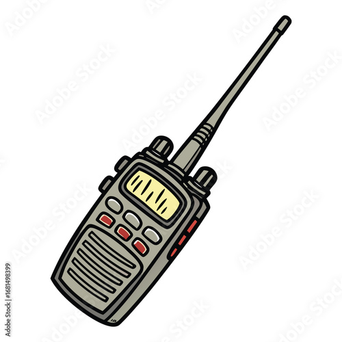 Vector art of a cartoon illustration of a handheld twoway radio or walkietalkie with an antenna, buttons, and a display screen, isolated on white background